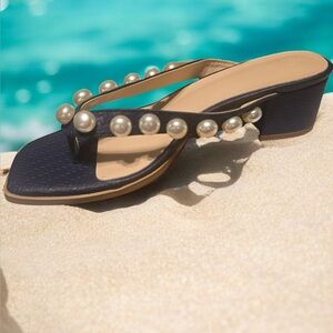 Elegant Pearl-Embellished Navy Sandals